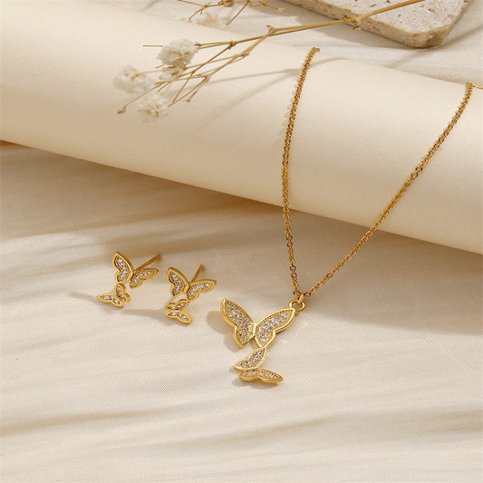 Copper 18K Gold Plated IG Style Shiny Inlay Butterfly Zircon Jewelry Set
