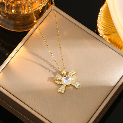 Stainless Steel Gold Plated Silver Plated Casual Commute Heart Shape Mermaid Bow Knot Hollow Out Inlay Zircon Pendant Necklace