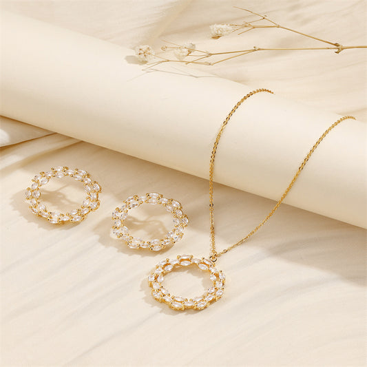 Copper 18K Gold Plated IG Style Shiny Hollow Out Inlay Circle Zircon Jewelry Set
