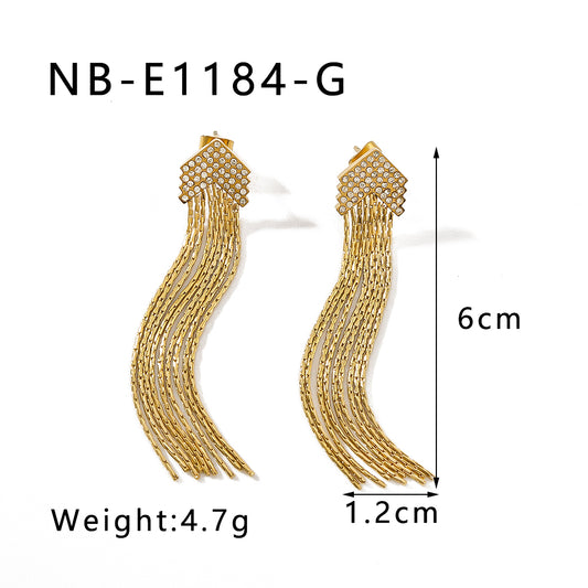 1 Pair IG Style Simple Style Shiny Tassel Lines Inlay 316 Stainless Steel  Rhinestones 18K Gold Plated Drop Earrings