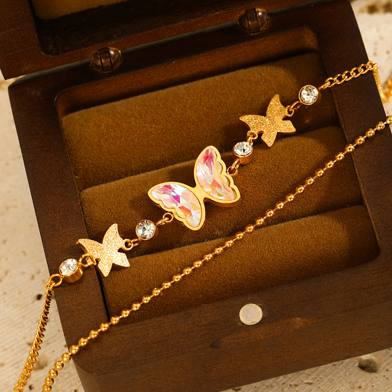 304 Stainless Steel 14K Gold Plated Elegant Shiny Inlay Butterfly Zircon Bracelets
