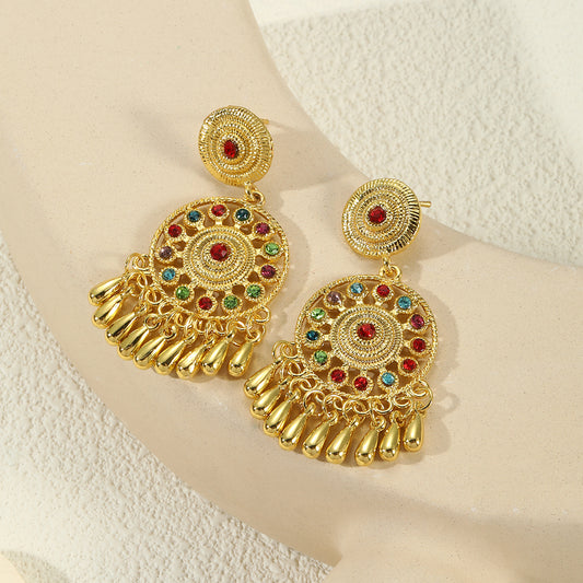 1 Pair Casual Ethnic Style Water Droplets Flower Inlay Alloy Rhinestones Drop Earrings