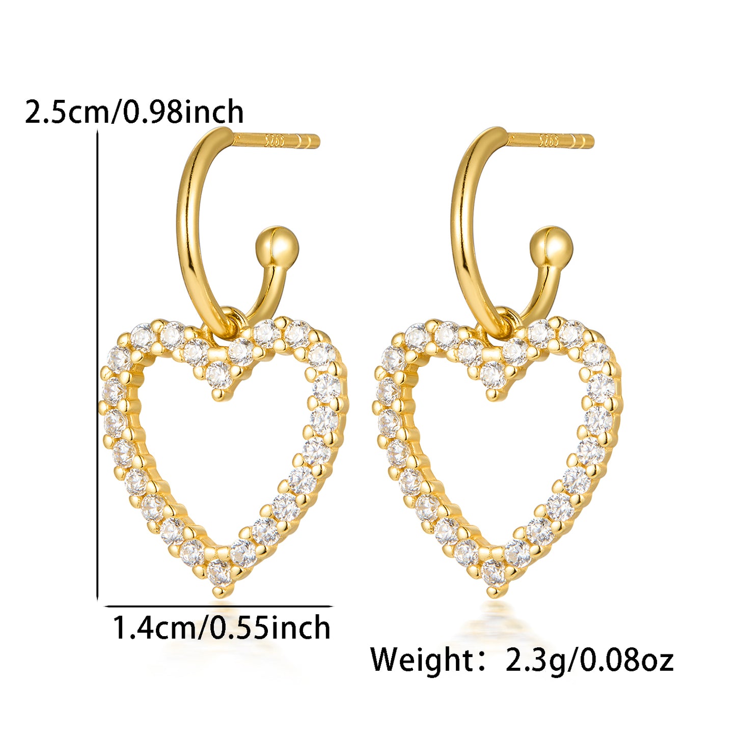 1 Pair Elegant Luxurious Romantic Heart Shape Plating Inlay Sterling Silver Zircon Gold Plated Drop Earrings