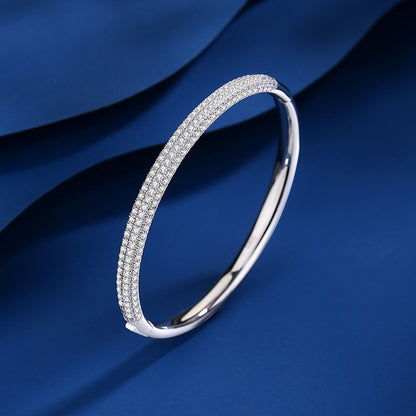 Sterling Silver Elegant Lady Classic Style Inlay Geometric Round Rhinestones Zircon Bangle