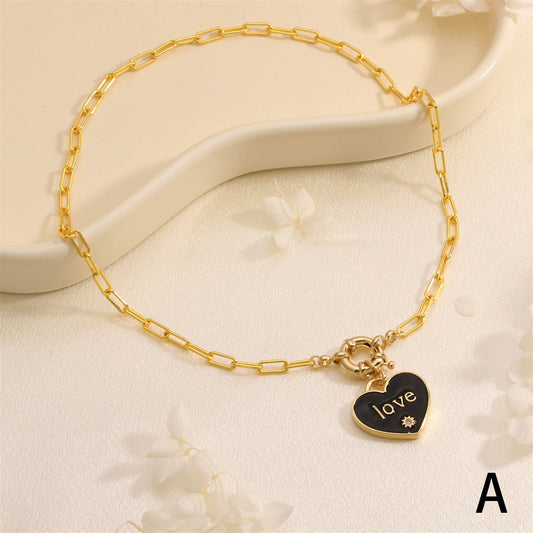 Copper 18K Gold Plated Simple Style Commute Enamel Inlay Heart Shape Zircon Pendant Necklace