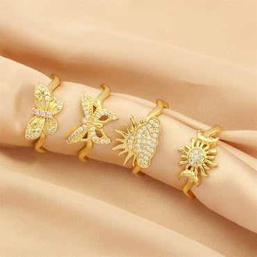 Retro Simple Style Clouds Sun Butterfly Copper Plating Inlay Zircon 18k Gold Plated Open Rings