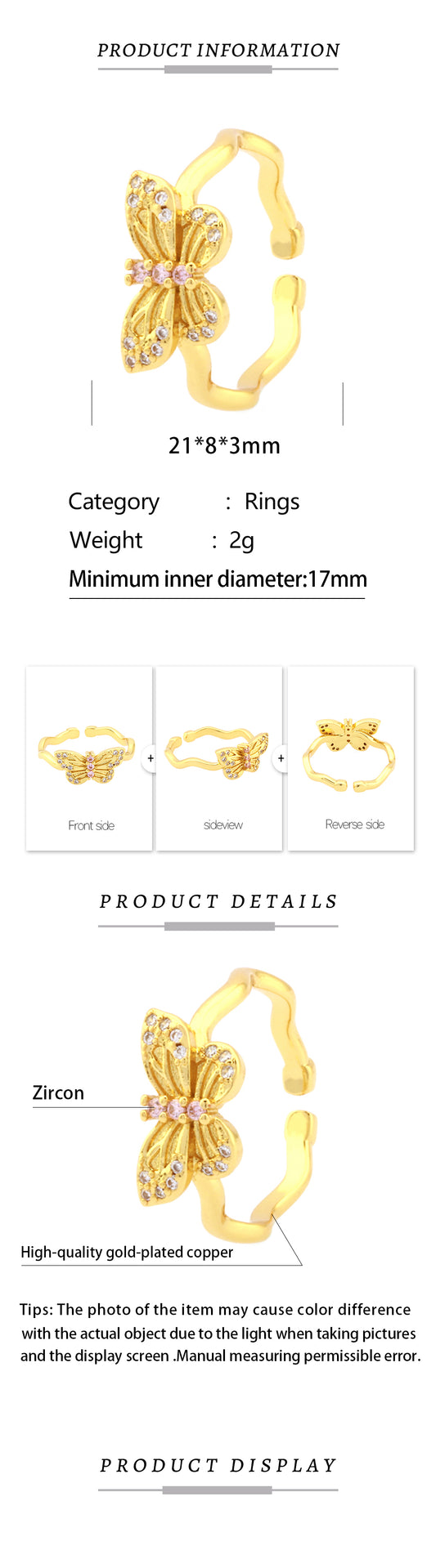 Retro Simple Style Clouds Sun Butterfly Copper Plating Inlay Zircon 18k Gold Plated Open Rings