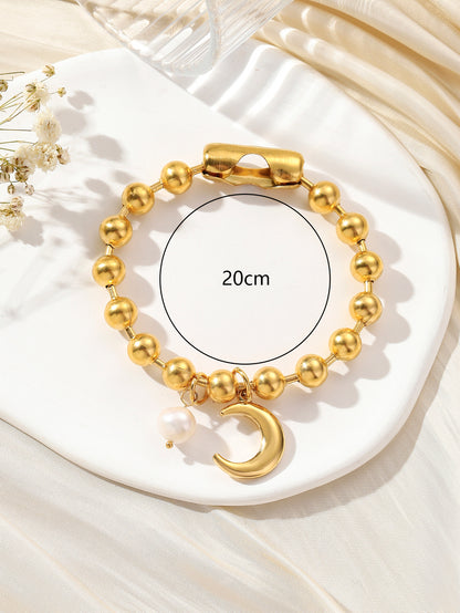 304 Stainless Steel 24K Gold Plated Sweet Classic Style Beaded Inlay Flower Artificial Pearls Bracelets