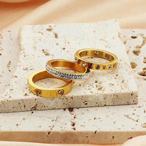 Titanium Steel 18K Gold Plated Basic Letter Inlay Rhinestones Rings