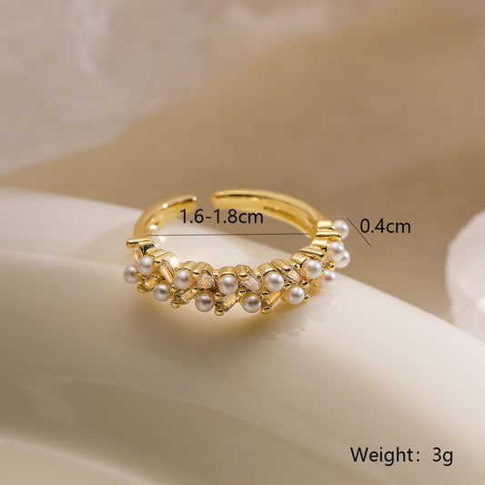 Simple Style Geometric Copper Plating Inlay Artificial Pearls Zircon 18k Gold Plated Open Rings
