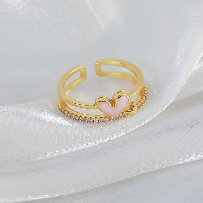 Wholesale Sweet Heart Shape Flower Copper Enamel White Gold Plated Gold Plated Zircon Open Rings