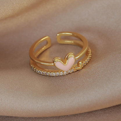 Wholesale Sweet Heart Shape Flower Copper Enamel White Gold Plated Gold Plated Zircon Open Rings