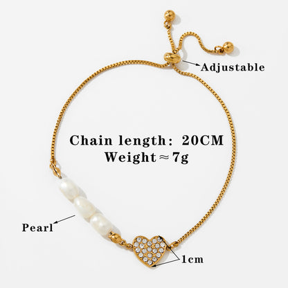 304 Stainless Steel 14K Gold Plated White Gold Plated Gold Plated Modern Style Simple Style Pearl Inlay Heart Shape Zircon Bracelets