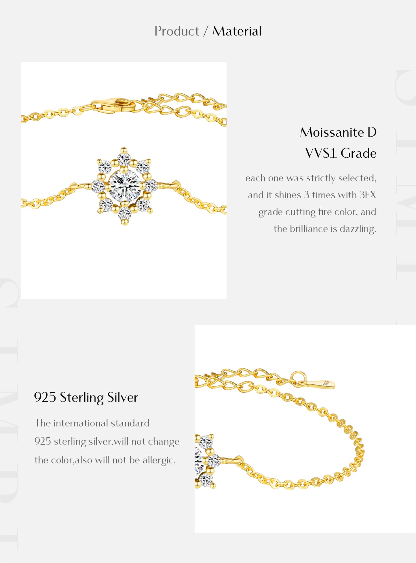 Sterling Silver 14K Gold Plated IG Style Elegant Lady Plating Inlay Anchor Snowflake Moissanite Bracelets