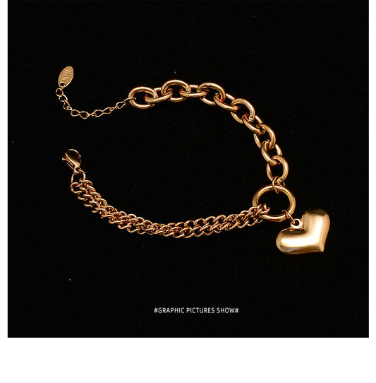 Heavy Rough Flat Love-shaped Wild Heart Titanium Steel Plated 18k Gold Bracelet For Women