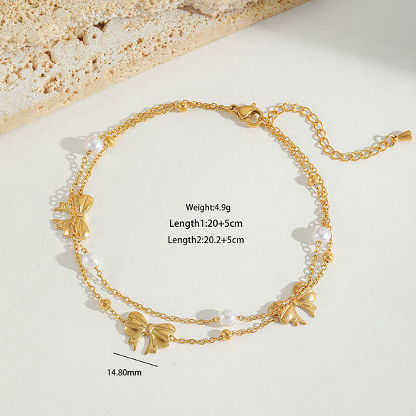 Wholesale Jewelry Casual Elegant Cute Heart Shape Butterfly 304 Stainless Steel Acrylic Imitation Pearl Zircon 18K Gold Plated Plating Inlay Anklet