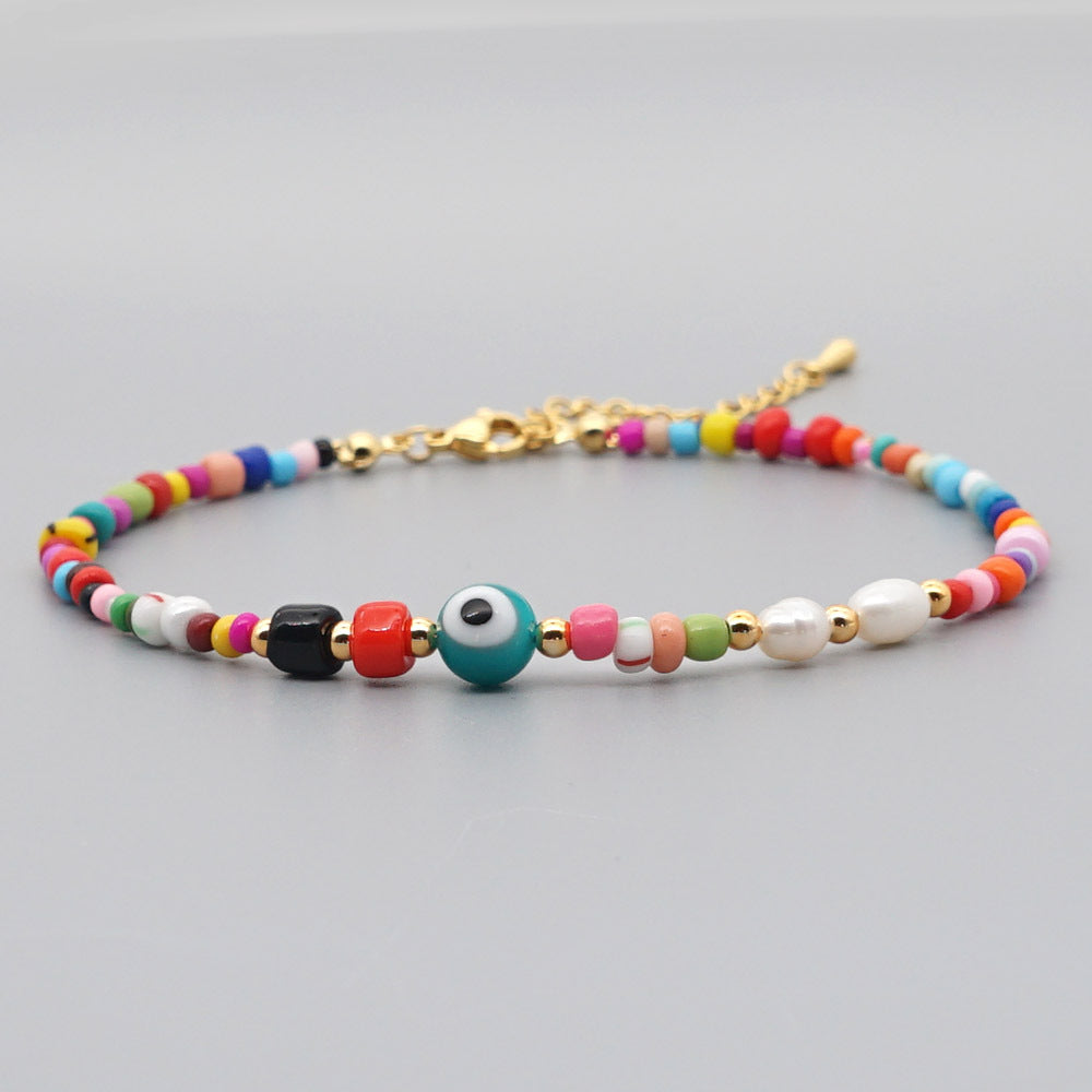 Bohemian Ethnic Style Eye Beads Rainbow Rice Beads Baroque Natural Freshwater Pearl Anklet Women