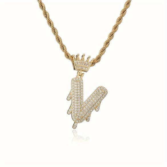 1PC Personalized Name Letter Charm Necklace Bling Bling Full Diamond Cuban Link Unisex Name Initials Pendant Necklace With Crown