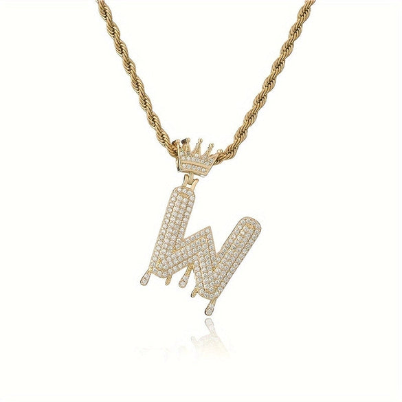1PC Personalized Name Letter Charm Necklace Bling Bling Full Diamond Cuban Link Unisex Name Initials Pendant Necklace With Crown