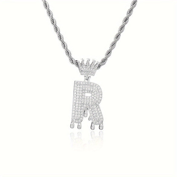 1PC Personalized Name Letter Charm Necklace Bling Bling Full Diamond Cuban Link Unisex Name Initials Pendant Necklace With Crown
