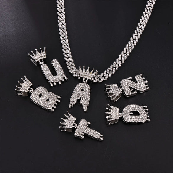 1PC Personalized Name Letter Charm Necklace Bling Bling Full Diamond Cuban Link Unisex Name Initials Pendant Necklace With Crown