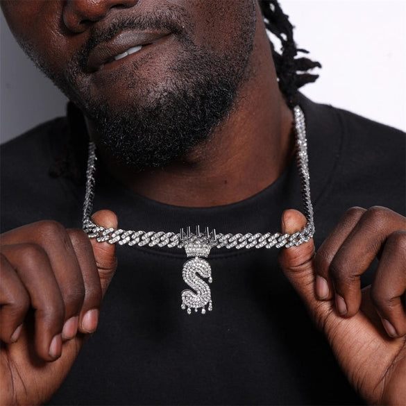 1PC Personalized Name Letter Charm Necklace Bling Bling Full Diamond Cuban Link Unisex Name Initials Pendant Necklace With Crown