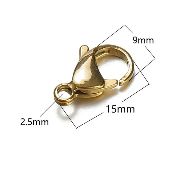 20 PCS/Package Hole 1~1.9mm Hole 2~2.9mm 304 Stainless Steel 18K Gold Plated Solid Color Polished Lobster Clasp