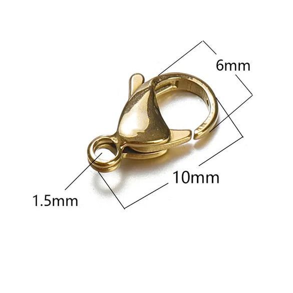 20 PCS/Package Hole 1~1.9mm Hole 2~2.9mm 304 Stainless Steel 18K Gold Plated Solid Color Polished Lobster Clasp