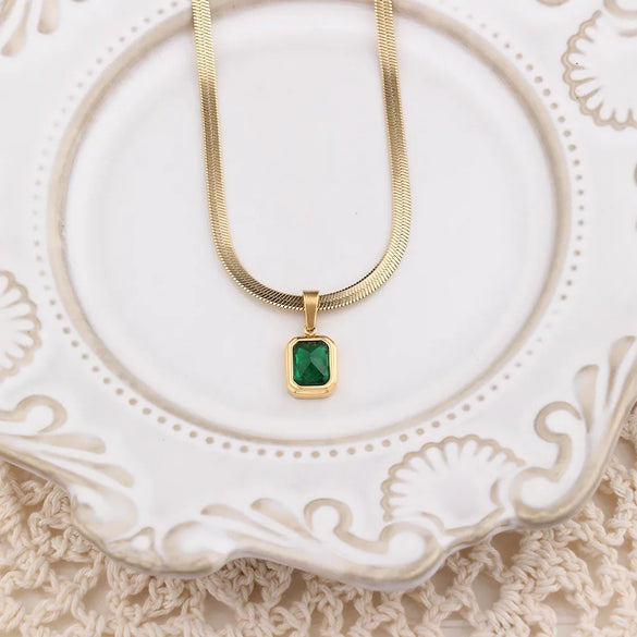 201 Stainless Steel 304 Stainless Steel 18K Gold Plated Simple Style Inlay Square Natural Stone Pendant Necklace