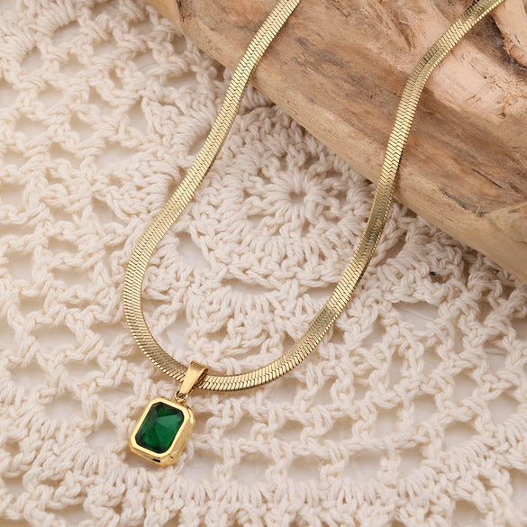 201 Stainless Steel 304 Stainless Steel 18K Gold Plated Simple Style Inlay Square Natural Stone Pendant Necklace