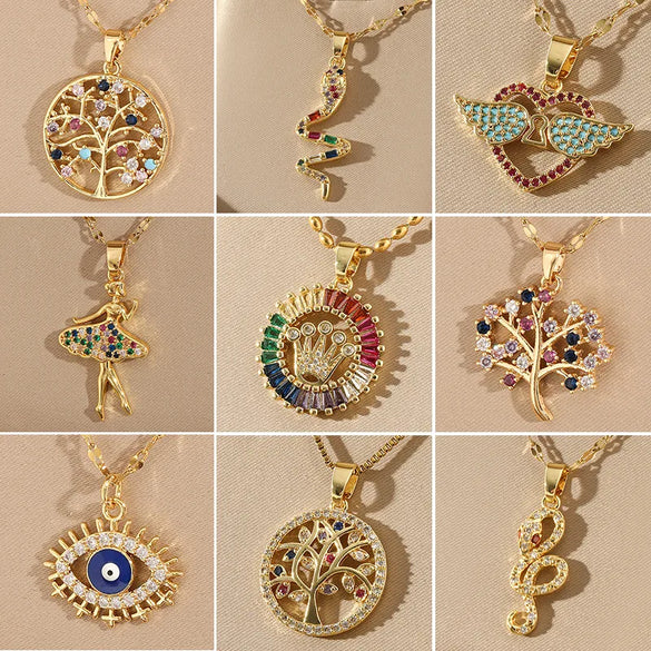 201 Stainless Steel Brass 18K Gold Plated Simple Style Classic Style Plating Inlay Heart Shape Life Tree Eye Zircon Pendant Necklace
