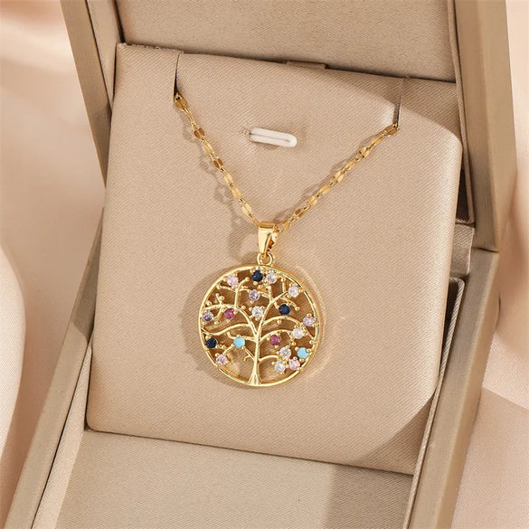 201 Stainless Steel Brass 18K Gold Plated Simple Style Classic Style Plating Inlay Heart Shape Life Tree Eye Zircon Pendant Necklace