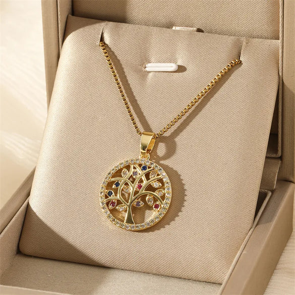 201 Stainless Steel Brass 18K Gold Plated Simple Style Classic Style Plating Inlay Heart Shape Life Tree Eye Zircon Pendant Necklace