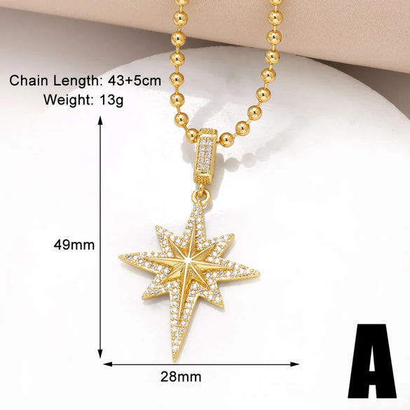 201 Stainless Steel Copper 18K Gold Plated Inlay Pentagram Zircon Pendant Necklace