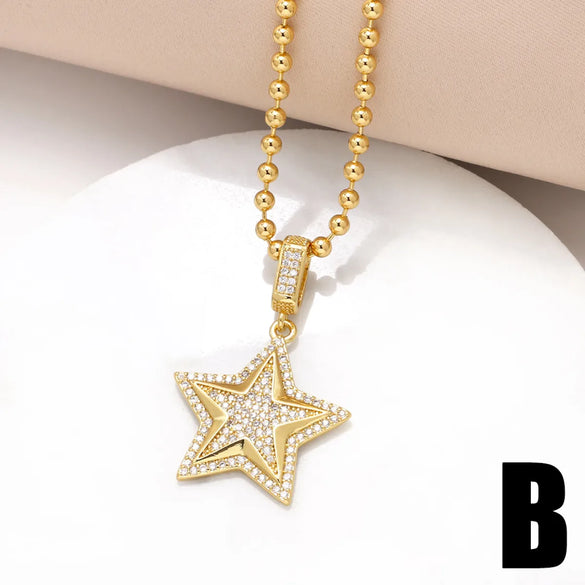 201 Stainless Steel Copper 18K Gold Plated Inlay Pentagram Zircon Pendant Necklace