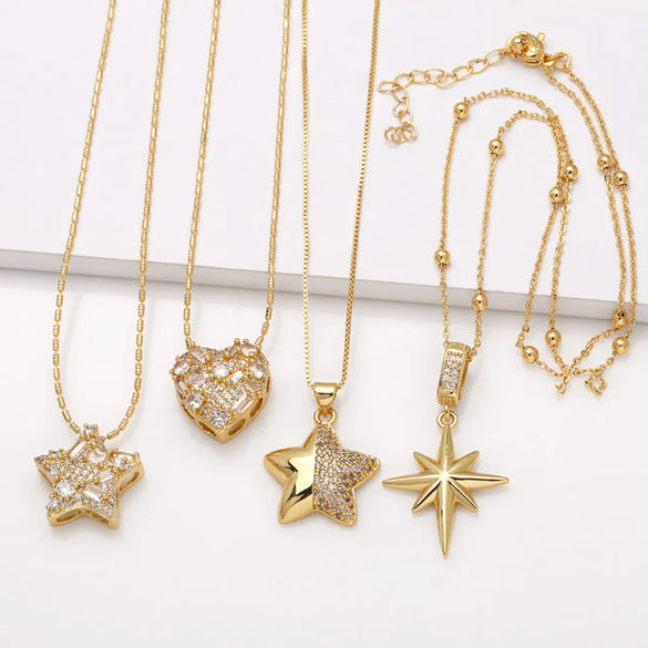 201 Stainless Steel Copper 18K Gold Plated Modern Style Simple Style Plating Inlay Pentagram Heart Shape Zircon Pendant Necklace