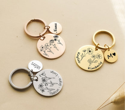 Personalized Name Initials Birth Flower Key Chain ,Engraved New Baby Mothers Day Birthday Key Ring Gifts for Mom, Grandma, Gift for Sisters