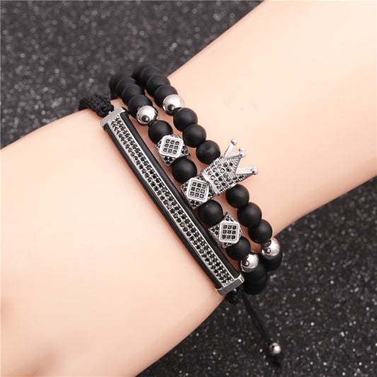New Hot-selling 6mm Frosted Stone Crown Three-cut Round Leather Strap Beaded Copper Bracelet For Women