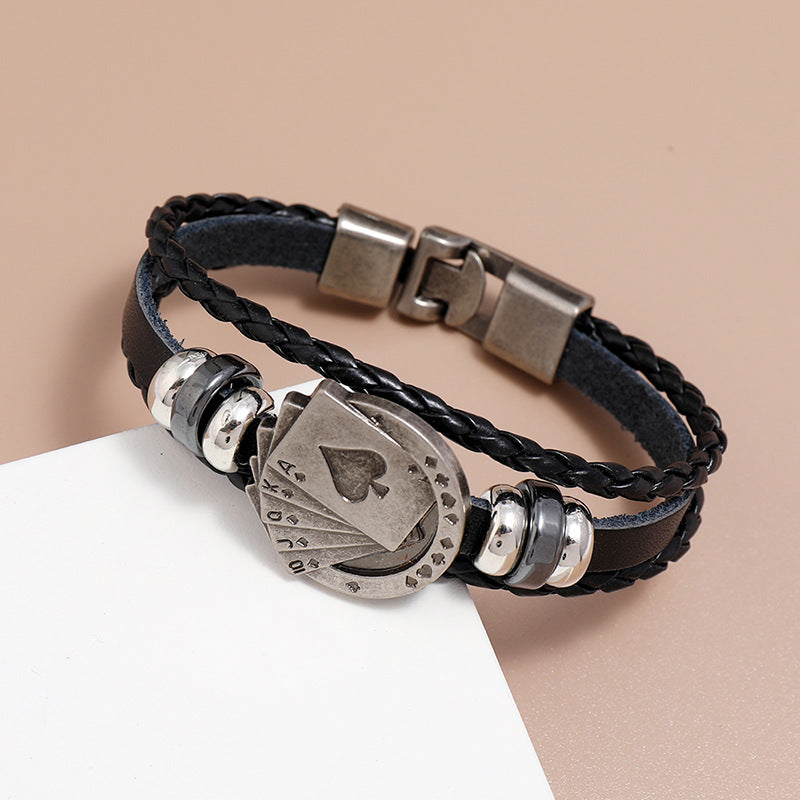 Fashion New Braided Alloy Playing Card Beaded Pair Buckle Leather Bracelet