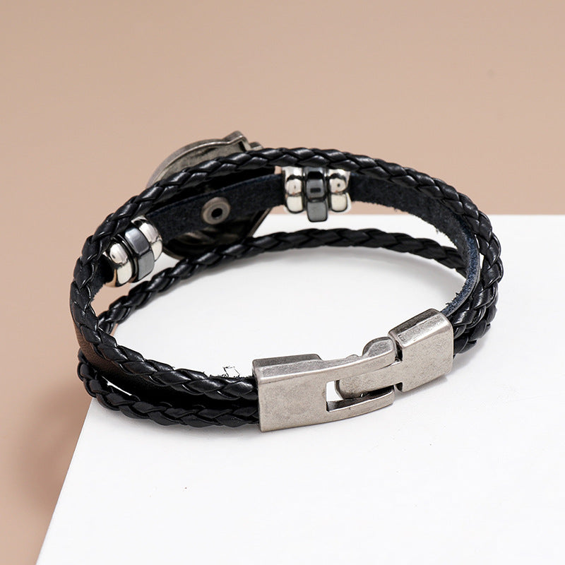 Fashion New Braided Alloy Playing Card Beaded Pair Buckle Leather Bracelet