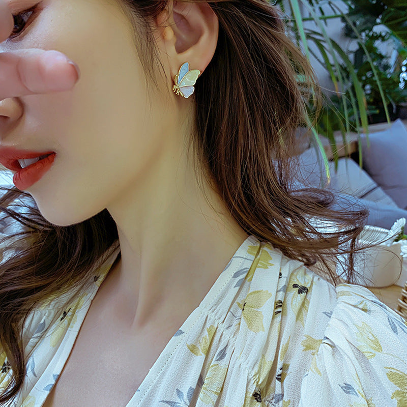 Fashion Color Butterfly Drip Oil Painted 925 Silver Needle Korean  Alloy Earrings