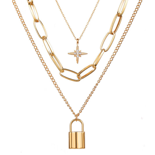Multi-layer Creative Retro Simple Eight-pointed Star Lock Pendant Thick Necklace