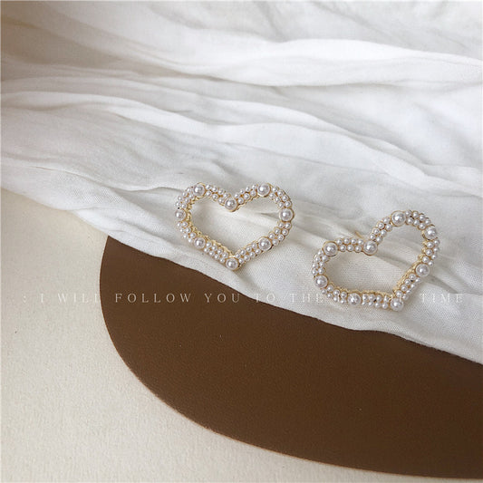 Korean S925 Silver Needle Hollow Heart Sweet Pearl Earrings