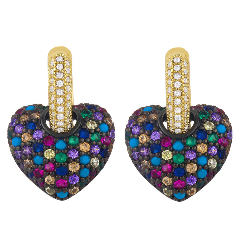 Fashion Heart Inlaid Zircon Copper Artificial Gemstones 18k Gold Plated Earrings