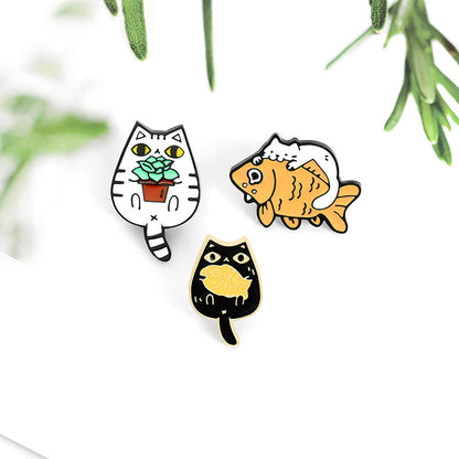 Cute Cartoon Creative Kitten Fish Alloy Brooch