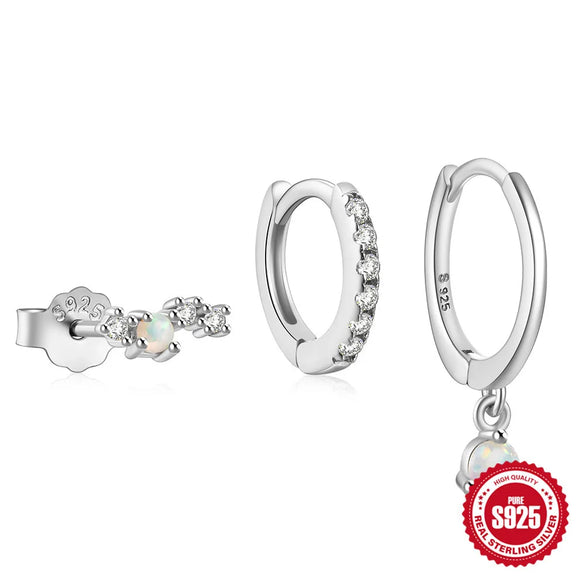 3 Pieces Set Sterling Silver Opal Zircon Geometric Earrings