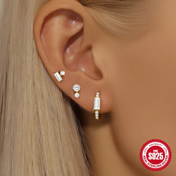 3 Pieces Set Sterling Silver Pearl Zircon Geometric Earrings