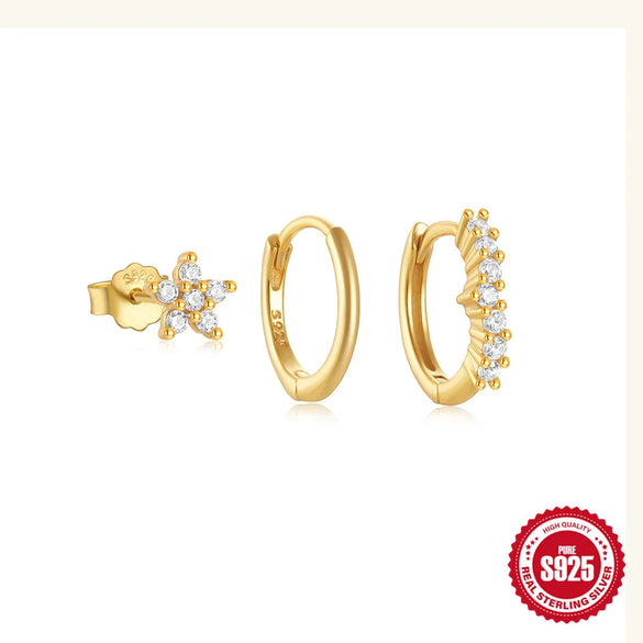 3 Pieces Set Sterling Silver Pearl Zircon Geometric Earrings