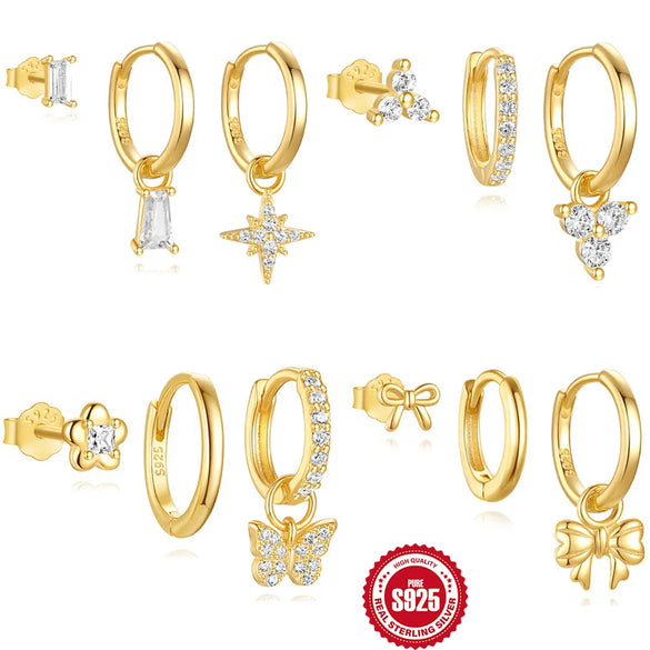 3 Pieces Set Sterling Silver Zircon Geometric Earrings Ear Studs