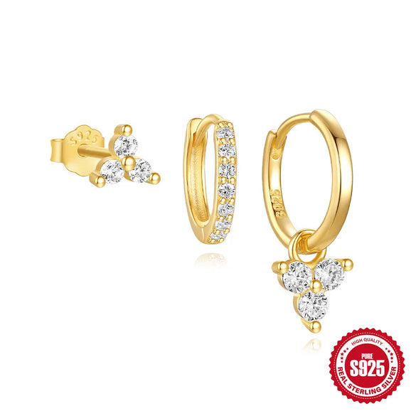 3 Pieces Set Sterling Silver Zircon Geometric Earrings Ear Studs